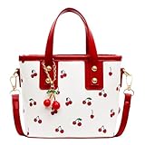Y2K Fashion Coquette Wine Burgundy Dark Red Cherry Faux Vegan Leather Circle Bucket Tote Bags For Women Trendy, Cute Small Cherry Designer Purses For Women's Shoulder Handbag Bolso Rojo Para Mujer