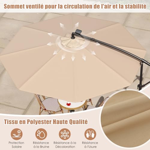 Parasol déporté 3x3m 40 LED solaire marron GOPLUS