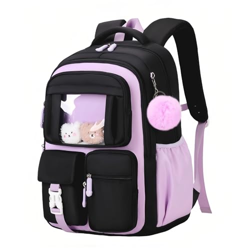 Kawaii Girls Backpack for Kids School Bag, Capacity Bookbag Rucksack for Girls Daypack, B552-Black+Purple