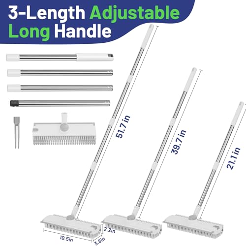 Image of 3 in 1 Floor Scrub Brush with Long Handle & Squeegee | Heavy-Duty, Adjustable, 360 Rotating Head for Cleaning Tile Bathroom Deck Kitchen Patio, White