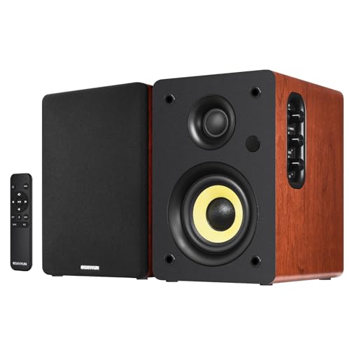 Sanyun SW206 Altavoces de Estantería HiFi 4' con Modo Estudio, 80W Activos, Bluetooth 5.4/Óptico/Coaxial/TRS/Aux/DAC USB 24bit, Tocadiscos TV PC Escritorio, Gabinete de Madera, Control Remoto, Rojo