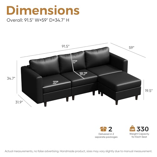 Image of ABCASA Faux Leather Modular Sectional Sofa, 91.5 inch L Shaped Couch Set for Living Room, 3-Seater Comfy Cloud Couches with Movable Storage Ottoman,DIY Combination - Black