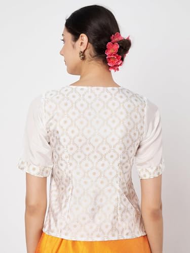 Image of studio rasa Women's Silk Blend Block Printed Button Down Readymade Top for Wedding Festive Party