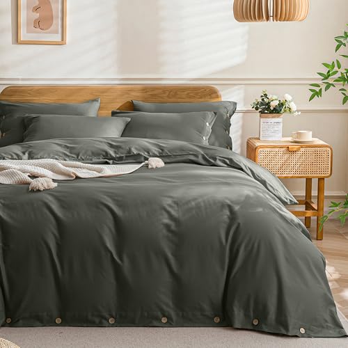 Image of JELLYMONI Cotton Duvet Cover Twin XL Size - Gray Comforter Cover with Button 100% Washed Cotton 2PCS Breathable Soft Solid Bedding Set Duvet Cover 66x92in & 1 Pillowcase (NO Comforter)