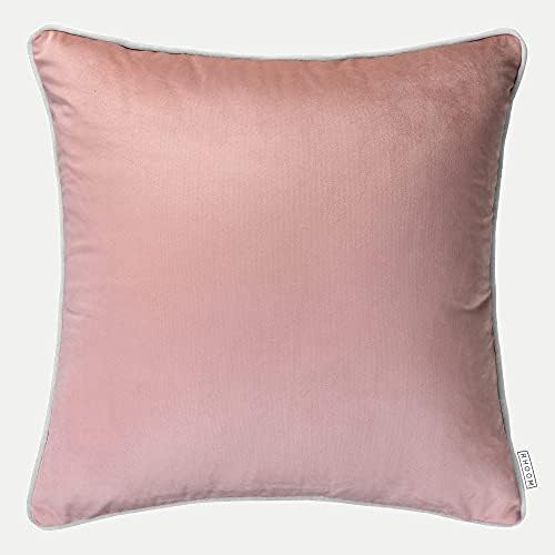RHOOM Rectangle Velvet Cushion Cover, Blush Pink with Light Grey Piping - Bolster Scatter Throw Pillow for Sofa (30cm x 50cm, 12" x 20")