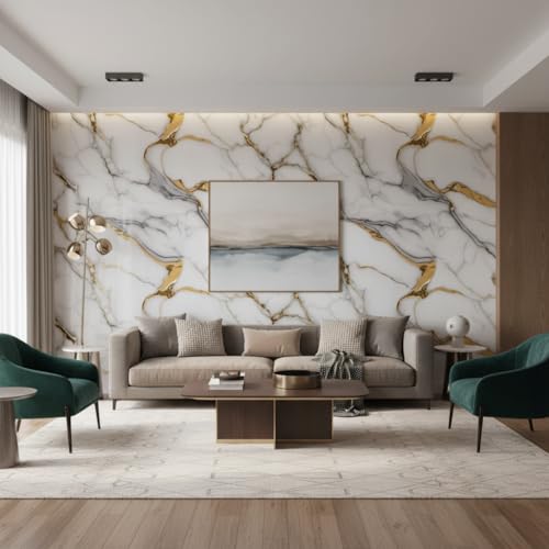 Image of VKR Premium Self Adhesive Waterproof Wallpaper | Peel & Stick Vinyl Furniture Covering for Kitchen Counter, Wardrobe, Table & Shelf Decor (White & Golden, Pack of 1)