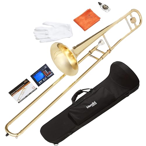 Mendini by Cecilio Bb Tenor Slide Trombone for Beginners - B Flat Brass Plated Trombone Instrument for Students with Tuner, Music Book, Hard Case, Mouthpiece, Cleaning Kit & Gloves (Gold)