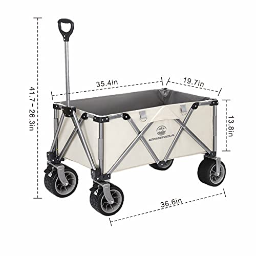 Cronda Heavy Duty Folding Cart, Large Capacity Collapsible Wagon With Brake, Utility Cart With All Terrain Wheels For Garden,Shopping And Beach Outdoor Use(Off-White) #TOP6