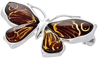 Womens Brooch, Polished Sterling Silver, Cherry Baltic Amber, Silver Nymphalidae Butterfly Brooch with Carved Amber, Gift Set