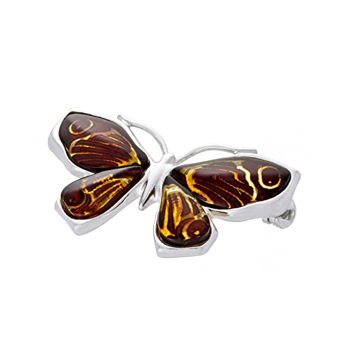 Broche papillon argent et ambre baltique avec fermoir sécurisé anti-perte