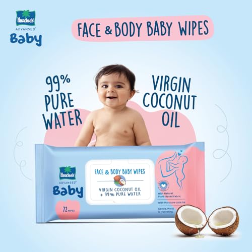 Image of Parachute Advansed Baby | Face & Body Baby Wipes | With Virgin Coconut Oil & 99% Pure Water | Hypoallergenic, Dermatologically Tested & pH Balanced | Moisture-lock Lid | 72 wipes