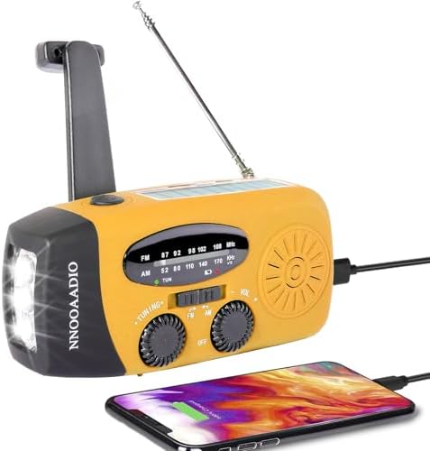 NNOOAADIO Wind Up Solar Hand Crank Radio, 2000mAh SOS Alarm for Camping