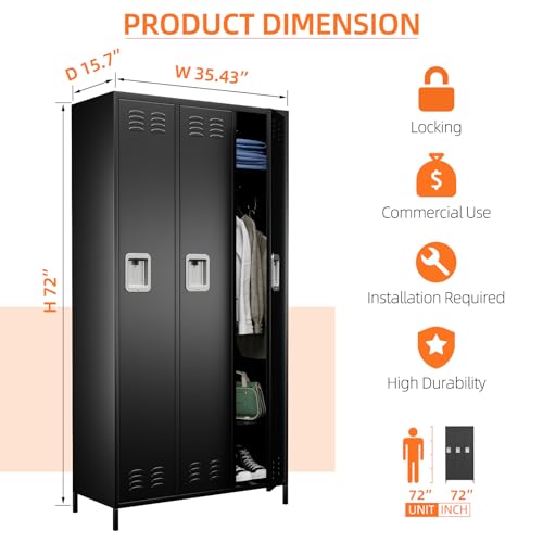 Image of Aobabo Metal Office Storage Lockers 3 Door Lockable Locker Cabinet, 72 Inch Tall Storage for Employee,Home Office,Gym,School, Black, Assembly Required