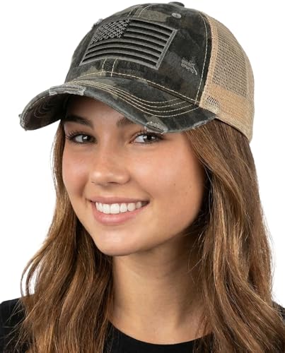 Funky Junque Distressed Trucker Hat for Women Vintage Low Profile Mesh Back Baseball Cap Adjustable Fit Dad Hat Style - Black Camo W/Flag