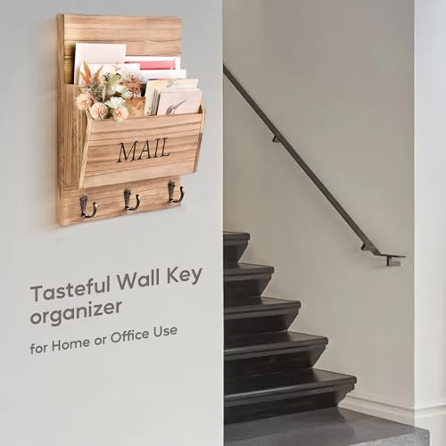 GAESHOW Post Organizer, Briefständer Holz Wand mit Haken, 2 Fächer Zeitschriftenständer Wandmontierter für Büro, Post, Zeitschriften, Briefpapier, Ordner, Organisation