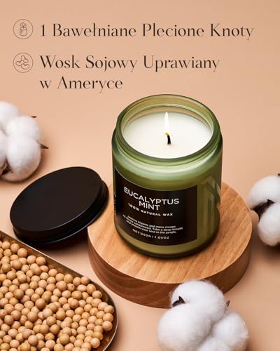 M&SENSE Świeca Eukaliptus-Mięta w Szkle (200g, 50h) - Naturalna, Sojowa z 1 Knotami | Relaks, Aromaterapia | Idealna do Łazienki, Spa i Jogi