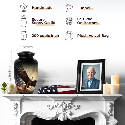 Image of Trupoint Memorials Cremation Urns for Human Ashes, Military and Patriotic Decorative Burial Urn for Verteran Adult Men and Women, Large Black