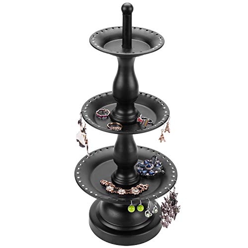 MyGift Earring Storage Rack Organizer, Metal Jewelry Tree, Necklace and Bracelet Hanger with Wooden Ring Tray Trinket Holder - Holds 68 Pairs of Earrings (Black-3-Tier)