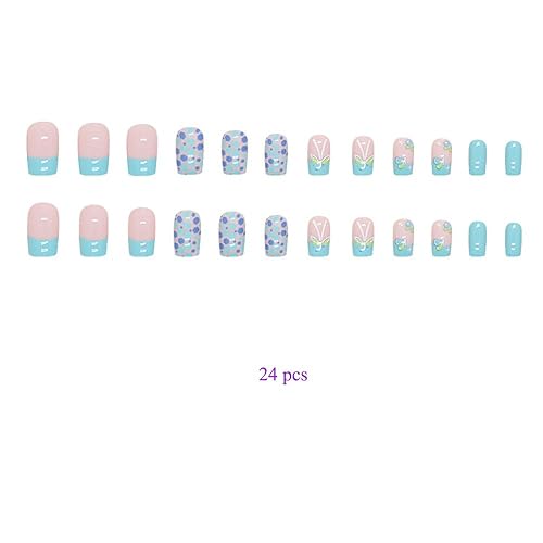 Miniatura 2 de Uñas postizas medianas a presión tipo ataúd, uñas postizas cuadradas con punta francesa, color azul, verde, diseño de mariposa, uñas artificiales