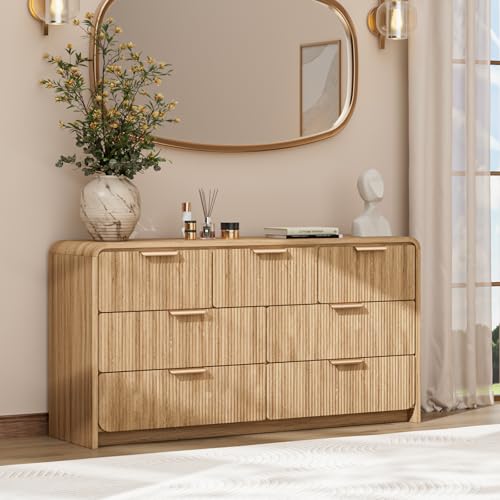 HOTALLOY Fluted 7 Drawer Dresser for Bedroom, 52" Wide Modern Closet Dressers Wooden Long Dresser for Bedroom, TV Stand, Natural Oak