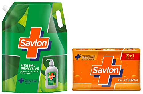 Image of Savlon Herbal Sensitivel pH balanced Liquid Handwash Refill Pouch, 1500ml, Fresh, 1.5 l (Pack of 1) & Savlon Glycerine Soap, 125g (Buy 3 Get 1 Free)