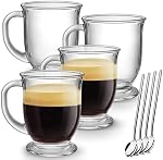 Mfacoy Tasses de café en verre 4, Coupe de café claire et grande 15 Oz avec poignées pour boissons chaudes, tasses claires pour le thé, Cappuccino, Latte, café Espresso, jus, tasse de café en verre
