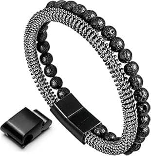 M.A.Smens Bead Leather Bracelet, Natural Bead, Steel and Leather Bracelet for Men Christmas Gift, Leather