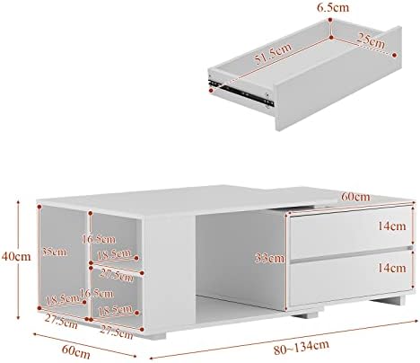 CLIPOP Coffee Table with LED Light,Rectangle Living room Side Table with 4 Storage Drawer and Open Shelf,Stretchable Sofa Tea Table for Home Office Lounge