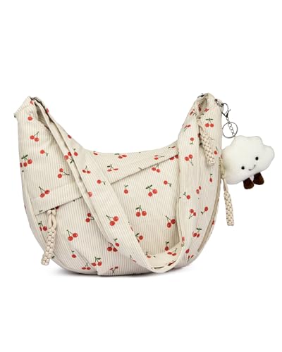 Micmores Cross Body Bag for Women, Corduroy Shoulder Bag Cute prints Crescent Bags, Half Moon sling Purse with Adjustable Strap & Pockets for School, Travel, College