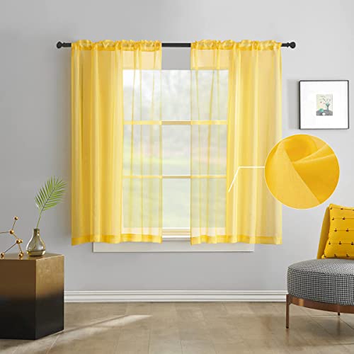 TOAVA DECO Butter Yellow Semi Sheer Curtains Linen Look 45 Inch Length Light Filtering Rod Pocekt for Bedroom Living Room 52 x 45, Set of 2 Panels