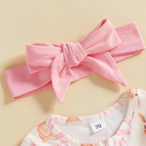 Lamuusaa Newborn Baby Girl Easter Outfit Bunny Bow Print Footie Romper Ruffle Bodysuit Zipper Jumpsuit Headband 0-18M2