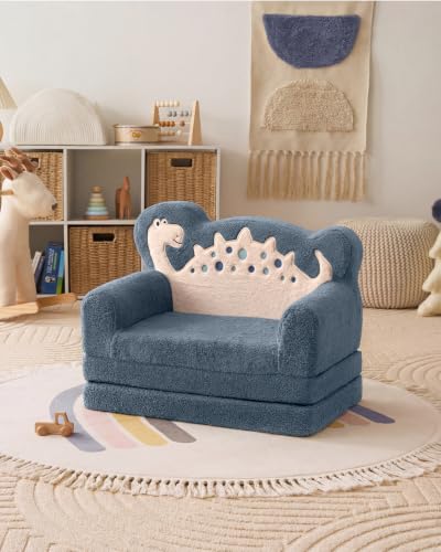 Image of Blissful Diary Kids Couch, 2-in-1 Soft Fold Out Kids Couch, Kids Sofa Chair, Comfy Kids Furniture for Playroom, Reading & Play, Blue Dinosaur | 50.8 inch Fold-Out Play Area, Supportive Foam, Washable Cover, Carry Handle, Pre-Assembled, Kid-Safe Zipper