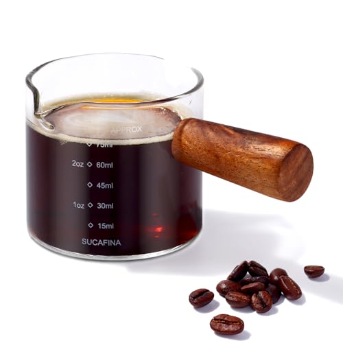 Espresso Cups with Wood Handle, Espresso Shot Glass, 3.5 OZ Double Spouts Measuring with Dual Scale, Clear Glass Espresso Accessories, Milk Frothing Pitcher
