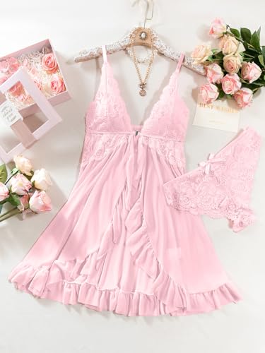 Image of Foxiny Sexy Open Front V Neck Ruffle Sheer Mesh Lace Wireless Babydoll Lingerie Dress with Thong 2 Piece