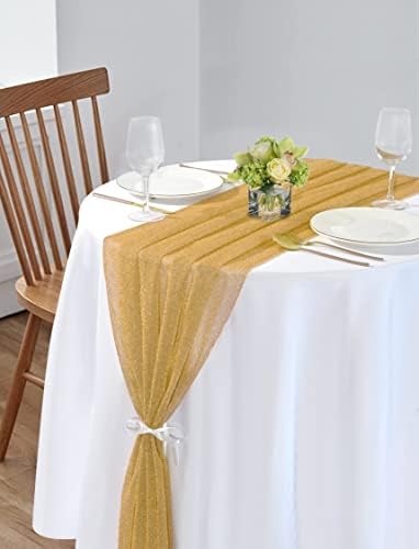 Showgeous 2 Pcs Chiffon Table Runner 28x120 Inches Romantic Wedding Runner 10ft Gold Shimmer Table Cover Dressing Table Runner for Wedding Birthday Party Bridal Baby Shower Decorations