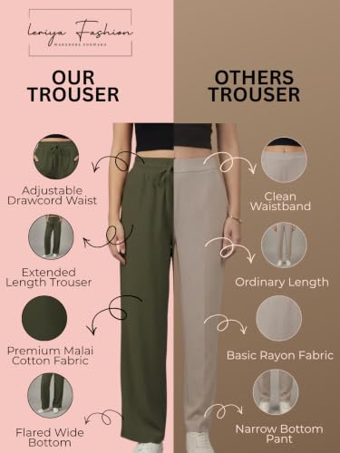 Image of Leriya Fashion Women Relaxed Fit Wide Leg Trousers | Malai Cottage Elastic Drawstring Wide Leg Pants for Women | Casual Straight Lounge Pants with Pockets | Stylish Everyday Office Outfit Bottom Pant