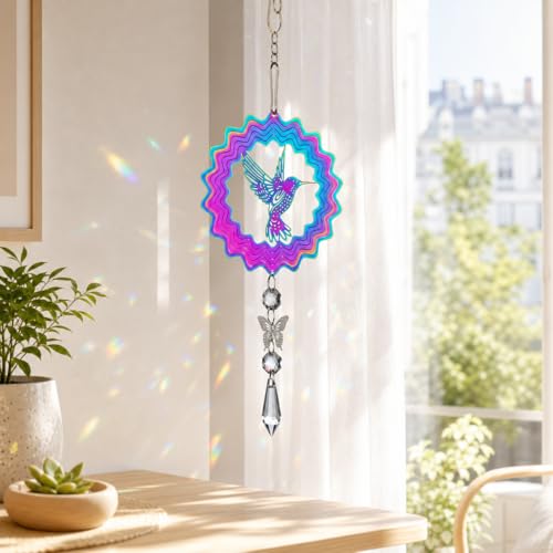 MSLSOZ Moulin à vent 3D en acier inoxydable en forme d'oiseau avec papillons et breloques en cristal – Mandala cinétique coloré réfléchissant à suspendre pour décoration extérieure, idéal pour porche