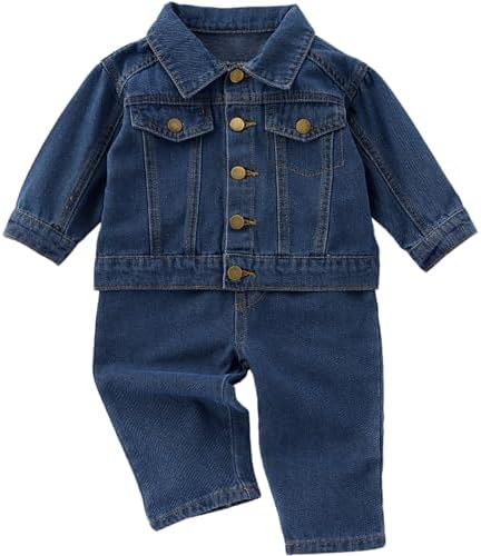 Cantuccistudio Collared Pocket Top and Long Pants Denim Set for Baby (Blue, 12-18 Months), 251S07-L-80