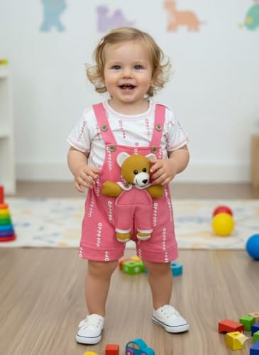 Image of A.T.U.N. (ALL THINGS UBER NICE) Baby Girls Cotton Denim Dungaree Set with 3D Teddy Bear Design |Printed T-Shirt with Adjustable Straps | Stylish & Comfortable Daily Outfit for Baby Unisex