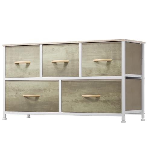DWVO Wide Chest of Drawers, Dresser with 5 Drawers, Oak Grain Fabric Storage Tower, Dresser for Bedroom with 5 Drawers, Living Room, Closets - Sturdy Steel Frame, Wooden Top