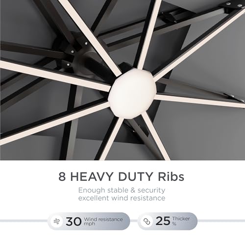 Image of 10' X 13' Patio Umbrella with Weighted Base and LED Lights Outdoor Cantilever Large Rectangle Offset Umbrellas Heavy Duty Aluminum Double Top with 360-degree Rotation for Pool Garden Deck, Grey