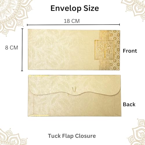 Image of Pack of 25, Rectangle Shape Metallic Paper Shagun Envelopes for Gifting Sagan Lifafa Wedding Occasion Cash Money, 18 X 8 cm, Cream Color - Gold Tree Design