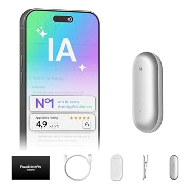 Gravador de voz com IA, com PLAUD NotePin, controle de aplicativo, anotador com IA, transcrição e resumo com IA, 112 idiomas, 64 GB, gravador de áudio para aulas, reuniões, prata lunar