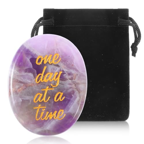 Amethyst Healing Crystal with Engraved Message, Inspirational Anxiety Relief Gift for Women and Men, One Day at a Time Encouragement Stone