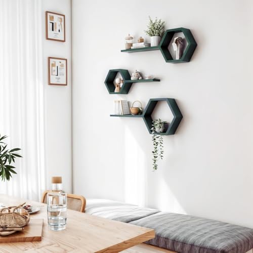 Image of Wooden Floating Wall Mounted Set of 6 Hexagon Shelves Display Shelf for Photos, Plants, Rustic Honeycomb Shelves for Living Room, Bedroom, Bathroom, Kitchen, Office (Dark Green)