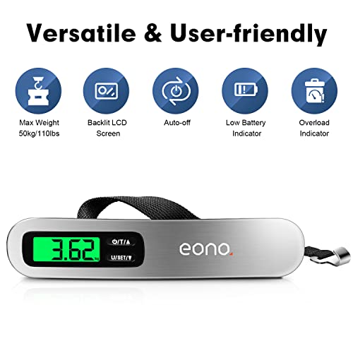 Foto von Amazon Brand - Eono Digitale Kofferwaage Gepäckwaage Küche Tragbare Hängewaage für Koffer, Taschen, 50kg / 110 lb, hintergrundbeleuchtetes LCD-Display, Tara-Funktion - Schwarz