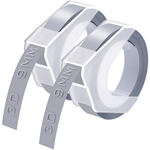 GREENCYCLE 3D Plastic Label Tape Compatible for Dymo Embossing Label Maker Organizer Xpress Pro 12966 Office Mate II, Motex, Self-Adhesive Label 520104, 3/8\" (9mm) x9.8ft (3m) White on Silver-2 Rolls