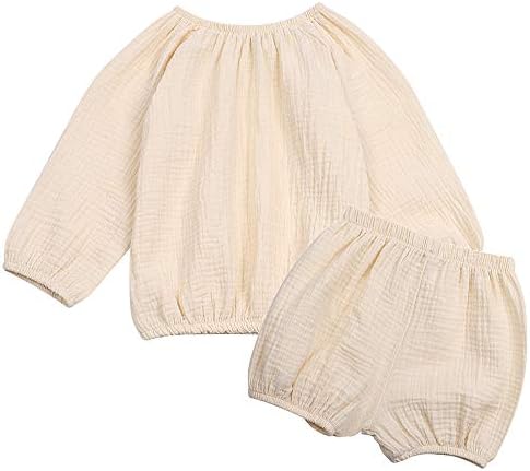 JELLYKIDS Toddler Unisex Baby Shorts Outfits Long Sleeve Cotton Linen Shirt Top+bloomer Shorts Summer 2pcs Clothes Set