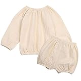 JELLYKIDS Toddler Unisex Baby Shorts Outfits Long Sleeve Cotton Linen Shirt Top+bloomer Shorts Summe