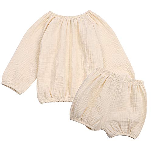 Jellykids Toddler Unisex Baby Shorts Outfits Long Sleeve Cotton Linen Shirt Top+Bloomer Shorts Summer 2Pcs Clothes Set #TOP1